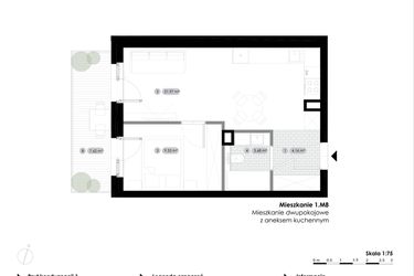 Rzut - Mieszkanie na sprzedaż 2 pokoje o powierzchni 39,34 m² - numer 1.M8 w Stalowa 76