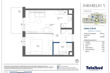 Rzut - Mieszkanie na sprzedaż 2 pokoje o powierzchni 36,46 m² - numer C.P0.47 w Mirabelki 5