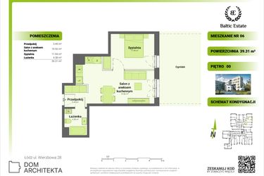 Rzut - Mieszkanie na sprzedaż 2 pokoje o powierzchni 39,31 m² - numer 00.M.06 w Dom Architekta