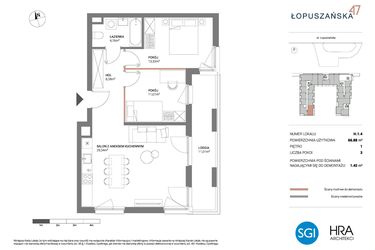 Rzut - Mieszkanie na sprzedaż 3 pokoje o powierzchni 66,88 m² - numer H.1.4 w Łopuszańska 47 - etap 3