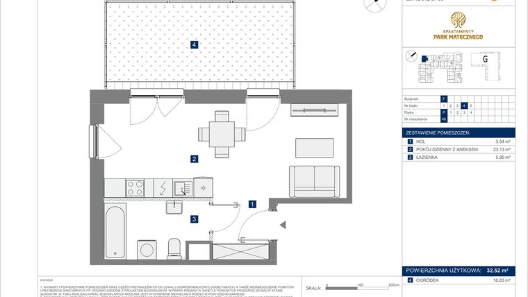 Rzut - Mieszkanie na sprzedaż 1 pokój o powierzchni 32,52 m² - numer F-48 w Apartamenty Park Matecznego Etap 2