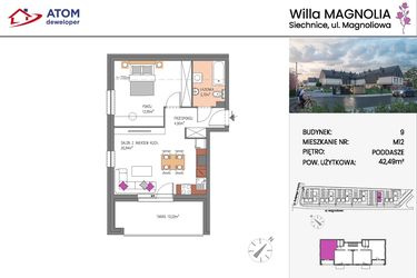 Rzut - Mieszkanie na sprzedaż 2 pokoje o powierzchni 42,49 m² - numer Bud.9-12 w Willa Magnolia