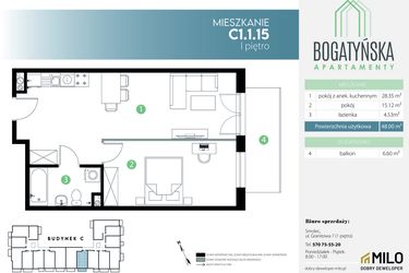 Rzut - Mieszkanie na sprzedaż 2 pokoje o powierzchni 48 m² - numer C1.1.15 w Bogatyńska Apartamenty etap 3