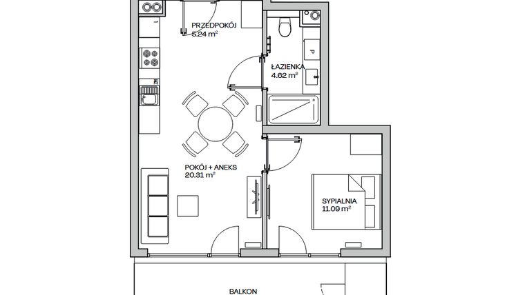 Rzut - Mieszkanie na sprzedaż 2 pokoje o powierzchni 41,26 m² - numer M13 w Zielona Marina - Apartamenty inwestycyjne