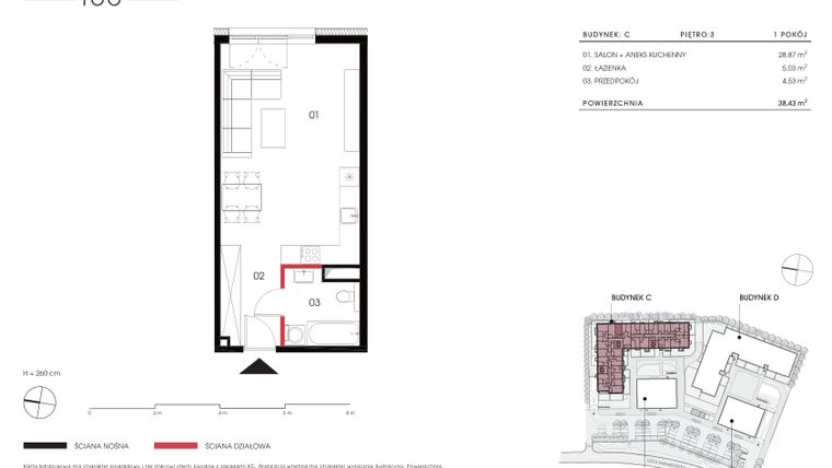 Rzut - Mieszkanie na sprzedaż 1 pokój o powierzchni 38,43 m² - numer C 3.08 w Naramowicka 100