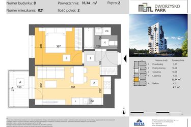 Rzut - Mieszkanie na sprzedaż 2 pokoje o powierzchni 35,34 m² - numer 21 w Dworzysko Park - Etap III