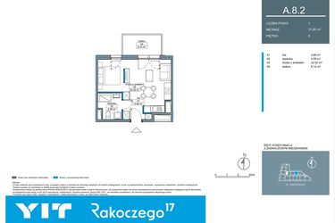 Rzut - Mieszkanie na sprzedaż 1 pokój o powierzchni 31,77 m² - numer A.8.2 w Rakoczego 17