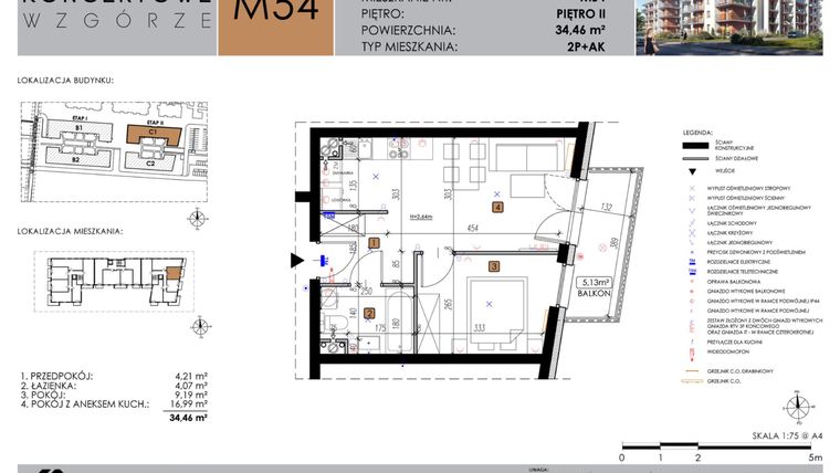 Rzut - Mieszkanie na sprzedaż 2 pokoje o powierzchni 34,46 m² - numer C1_M54 w Koncertowe Wzgórze etap II