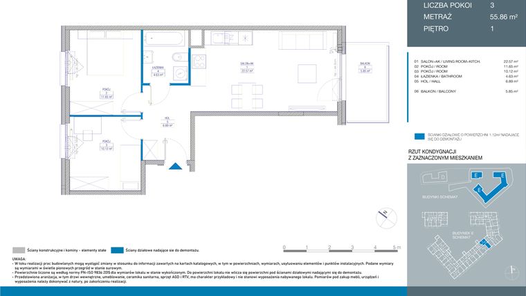 Rzut - Mieszkanie na sprzedaż 3 pokoje o powierzchni 55,88 m² - numer EC0101 w Spokojny Mokotów
