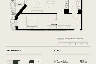 Rzut - Mieszkanie na sprzedaż 2 pokoje o powierzchni 53,35 m² - numer B/0/12 w Ogrodowa 12