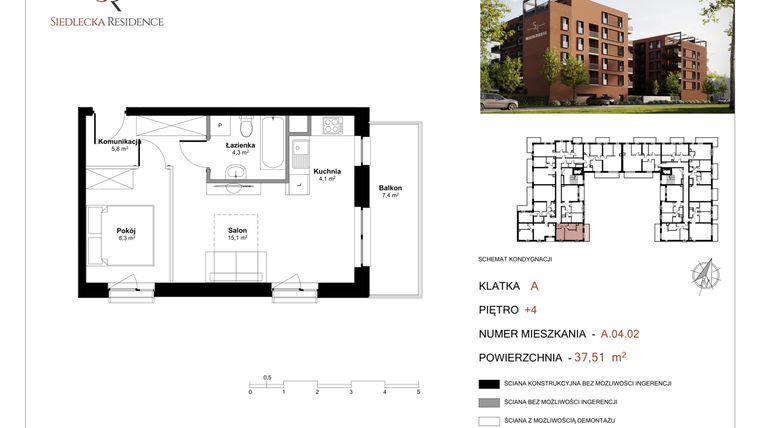 Rzut - Mieszkanie na sprzedaż 2 pokoje o powierzchni 37,46 m² - numer A-04-02 w Siedlecka Residence