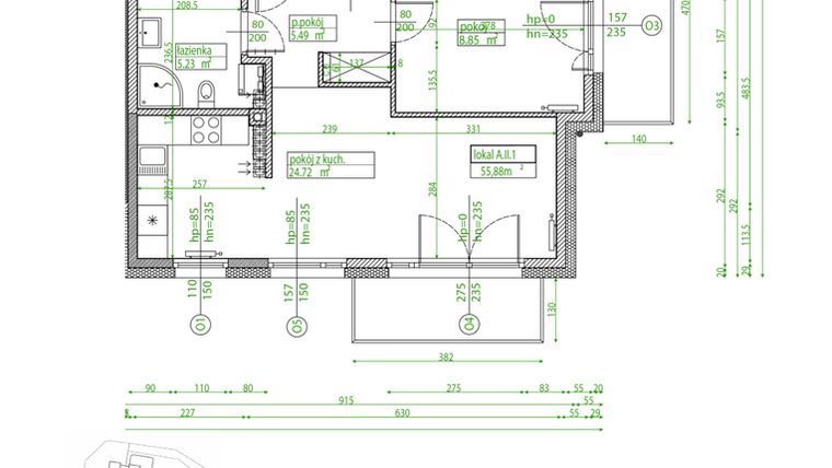 Rzut - Mieszkanie na sprzedaż 3 pokoje o powierzchni 55,01 m² - numer A.II.1 w Villa Rosenthal