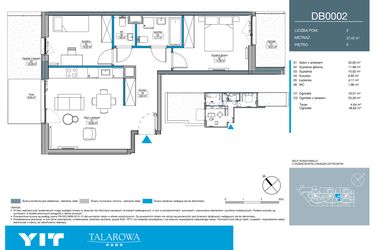 Rzut - Mieszkanie na sprzedaż 3 pokoje o powierzchni 57,45 m² - numer DB0002 w Talarowa Park II