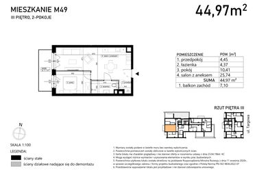 Rzut - Mieszkanie na sprzedaż 2 pokoje o powierzchni 44,97 m² - numer M49 w Finezja