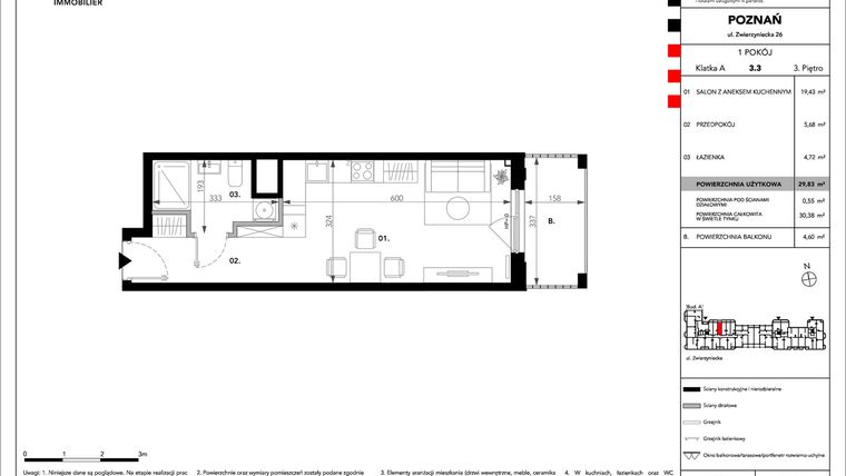 Rzut - Mieszkanie na sprzedaż 1 pokój o powierzchni 29,83 m² - numer B.A.3.3 w Zajezdnia