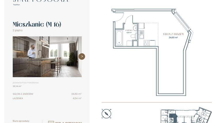 Rzut - Mieszkanie na sprzedaż 1 pokój o powierzchni 39,21 m² - numer M.16 w Stare Podgórze