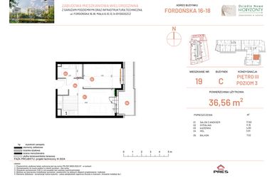 Rzut - Mieszkanie na sprzedaż 2 pokoje o powierzchni 36,56 m² - numer 18.19 w Osiedle Nowe Horyzonty etap II