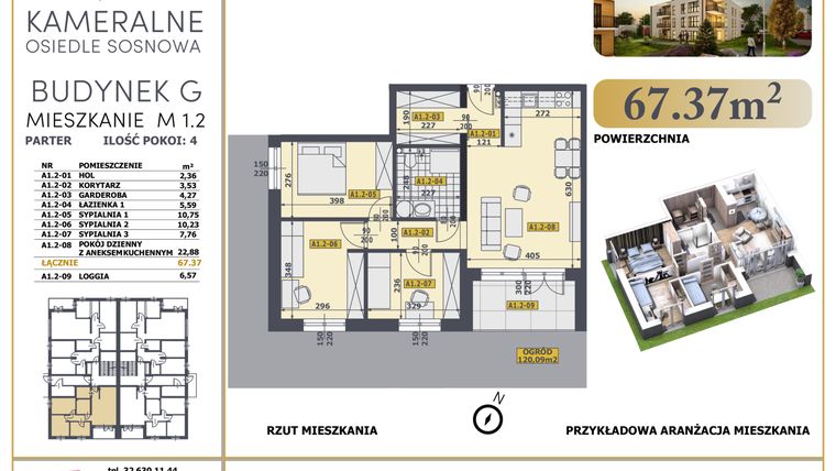 Rzut - Mieszkanie na sprzedaż 4 pokoje o powierzchni 66,7 m² - numer M1.2 w Osiedle Sosnowa G