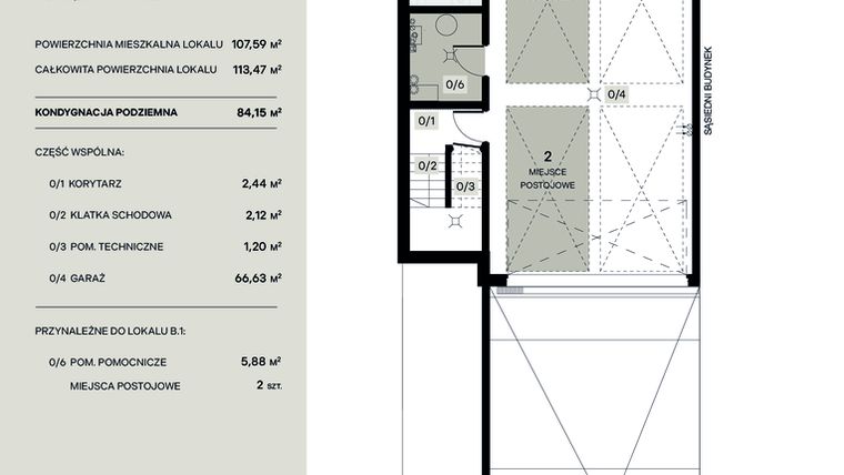 Rzut - Mieszkanie na sprzedaż 4 pokoje o powierzchni 107,59 m² - numer B.1 w Wiązana Residence