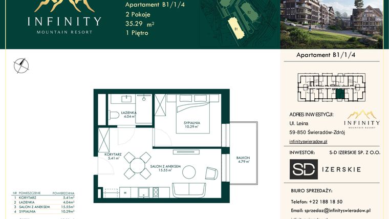 Rzut - Mieszkanie na sprzedaż 2 pokoje o powierzchni 35,29 m² - numer B1/1/4 w Infinity Mountain Resort etap 2