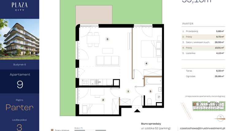 Rzut - Mieszkanie na sprzedaż 3 pokoje o powierzchni 60,17 m² - numer B6M9 w Plaza City