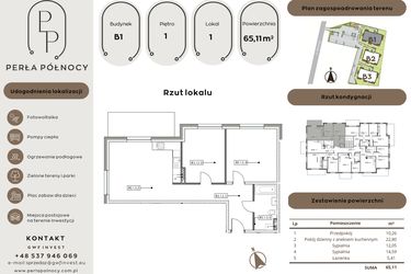 Rzut - Mieszkanie na sprzedaż 3 pokoje o powierzchni 65,11 m² - numer B1.1_1 w Perła Północy etap 2