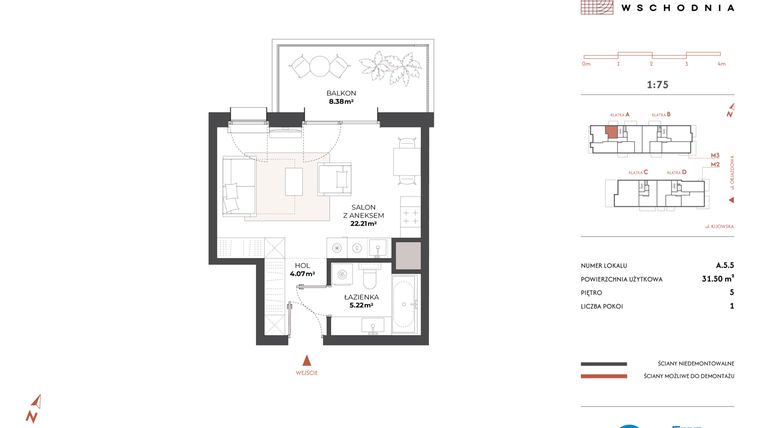 Rzut - Mieszkanie na sprzedaż 1 pokój o powierzchni 31,5 m² - numer A.5.5 w Drucianka Wschodnia