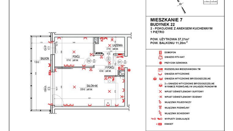 Rzut - Mieszkanie na sprzedaż 2 pokoje o powierzchni 37,21 m² - numer 22_7 w Osiedle 4 Pory Roku - Etap VIII