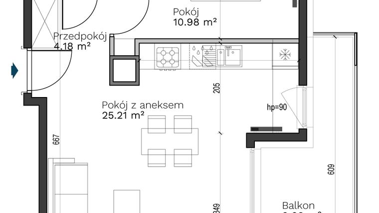 Rzut - Mieszkanie na sprzedaż 2 pokoje o powierzchni 44,54 m² - numer A-13 w Destino