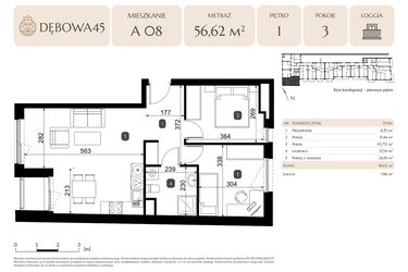 Rzut - Mieszkanie na sprzedaż 3 pokoje o powierzchni 56,62 m² - numer A.08 w Dębowa 45