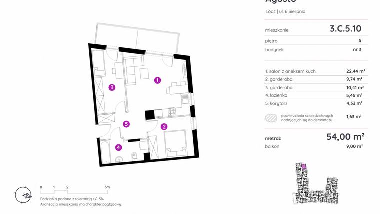 Rzut - Mieszkanie na sprzedaż 1 pokój o powierzchni 54 m² - numer 3.C.5.10 w Murapol Agosto