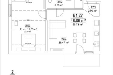 Rzut - Mieszkanie na sprzedaż 2 pokoje o powierzchni 48,09 m² - numer B1.27 w Osiedle Versus
