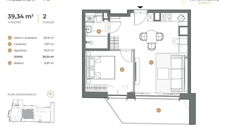 Rzut - Mieszkanie na sprzedaż 2 pokoje o powierzchni 39,34 m² - numer 19 w Witkiewicza Apartments