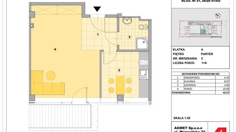Rzut - Mieszkanie na sprzedaż 1 pokój o powierzchni 41,02 m² - numer 2 w Stalowa 65