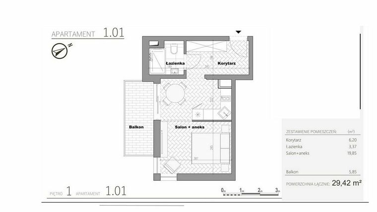 Rzut - Mieszkanie na sprzedaż 1 pokój o powierzchni 29,42 m² - numer 2.1 w Villa Książąt Pomorskich