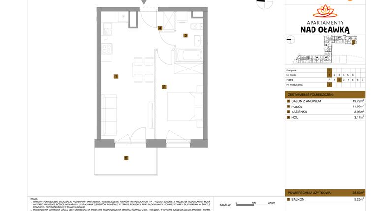 Rzut - Mieszkanie na sprzedaż 2 pokoje o powierzchni 38,83 m² - numer 9 w Apartamenty nad Oławką etap II
