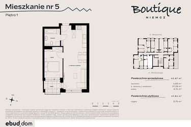 Rzut - Mieszkanie na sprzedaż 2 pokoje o powierzchni 42,87 m² - numer 5 w Boutique NIEMCZ