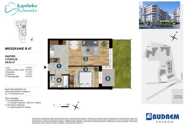 Rzut - Mieszkanie na sprzedaż 2 pokoje o powierzchni 46,03 m² - numer B47 w Kapelanka-Pychowicka Etap III