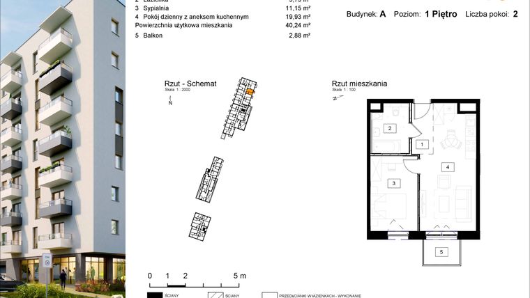 Rzut - Mieszkanie na sprzedaż 2 pokoje o powierzchni 40,55 m² - numer A.15 w Osiedle Kochanowskiego - Gliwice