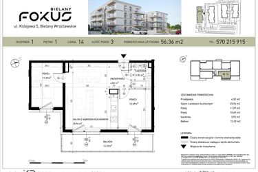 Rzut - Mieszkanie na sprzedaż 3 pokoje o powierzchni 56,36 m² - numer B1-14 w Fokus Bielany