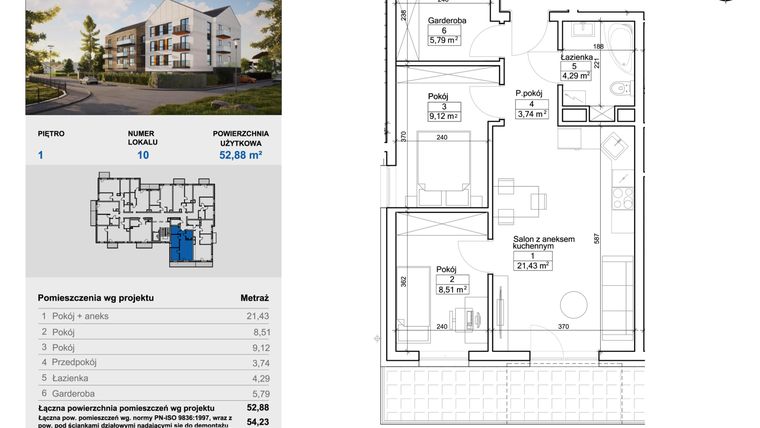 Rzut - Mieszkanie na sprzedaż 3 pokoje o powierzchni 53,41 m² - numer 10 w Balantia