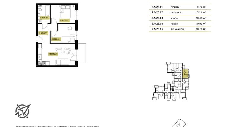 Rzut - Mieszkanie na sprzedaż 2 pokoje o powierzchni 34,76 m² - numer 2M26 w Stary Browar bud. 2