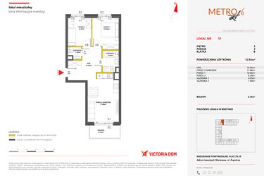 Rzut - Mieszkanie na sprzedaż 3 pokoje o powierzchni 52,92 m² - numer 51 w Metro Art 6