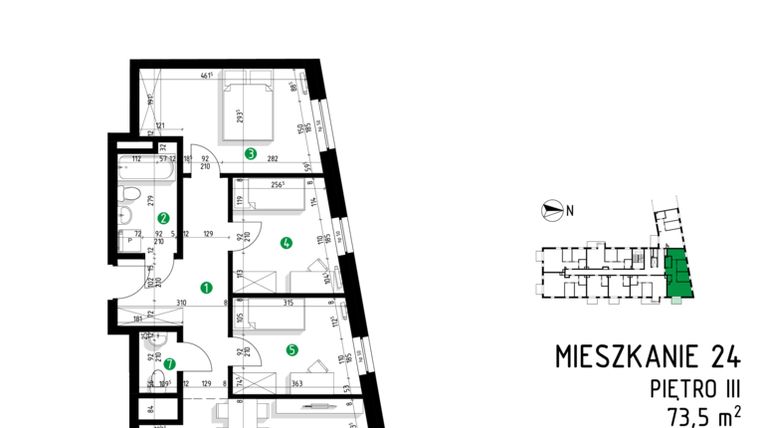 Rzut - Mieszkanie na sprzedaż 4 pokoje o powierzchni 73,5 m² - numer 6B.24 w Parkowa 6B - ETAP II