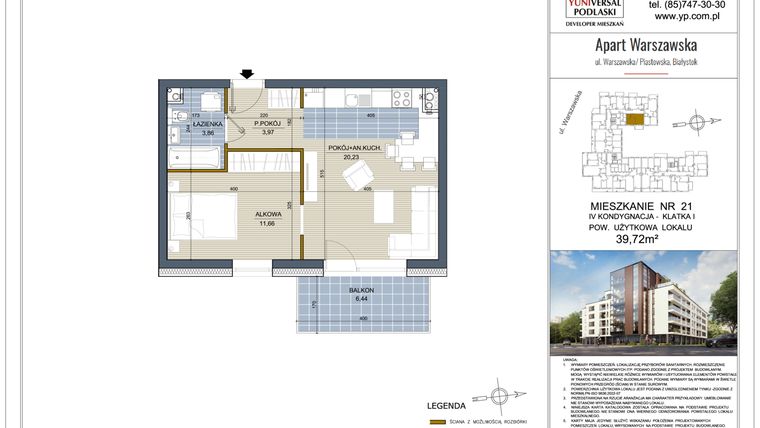 Rzut - Mieszkanie na sprzedaż 2 pokoje o powierzchni 39,72 m² - numer 21 w Apart Warszawska