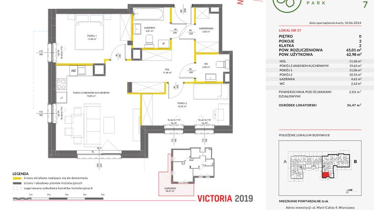 Rzut - Mieszkanie na sprzedaż 3 pokoje o powierzchni 65,01 m² - numer 57 w Olchowy Park VII