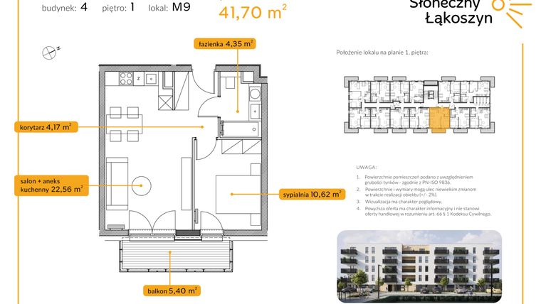 Rzut - Mieszkanie na sprzedaż 2 pokoje o powierzchni 41,7 m² - numer 4/M/1/9 w Osiedle Słoneczny Łąkoszyn bud. 4
