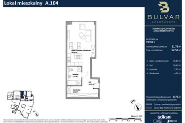 Rzut - Mieszkanie na sprzedaż 1 pokój o powierzchni 51,78 m² - numer A.104 w Bulvar Apartments - etap I