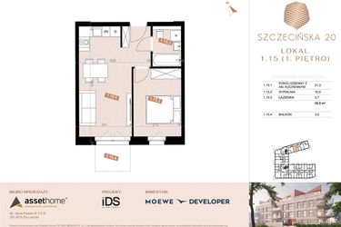 Rzut - Mieszkanie na sprzedaż 2 pokoje o powierzchni 35,2 m² - numer 115 w Szczecińska 20