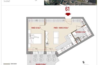 Rzut - Mieszkanie na sprzedaż 2 pokoje o powierzchni 41,96 m² - numer 61 w HUZAR B3